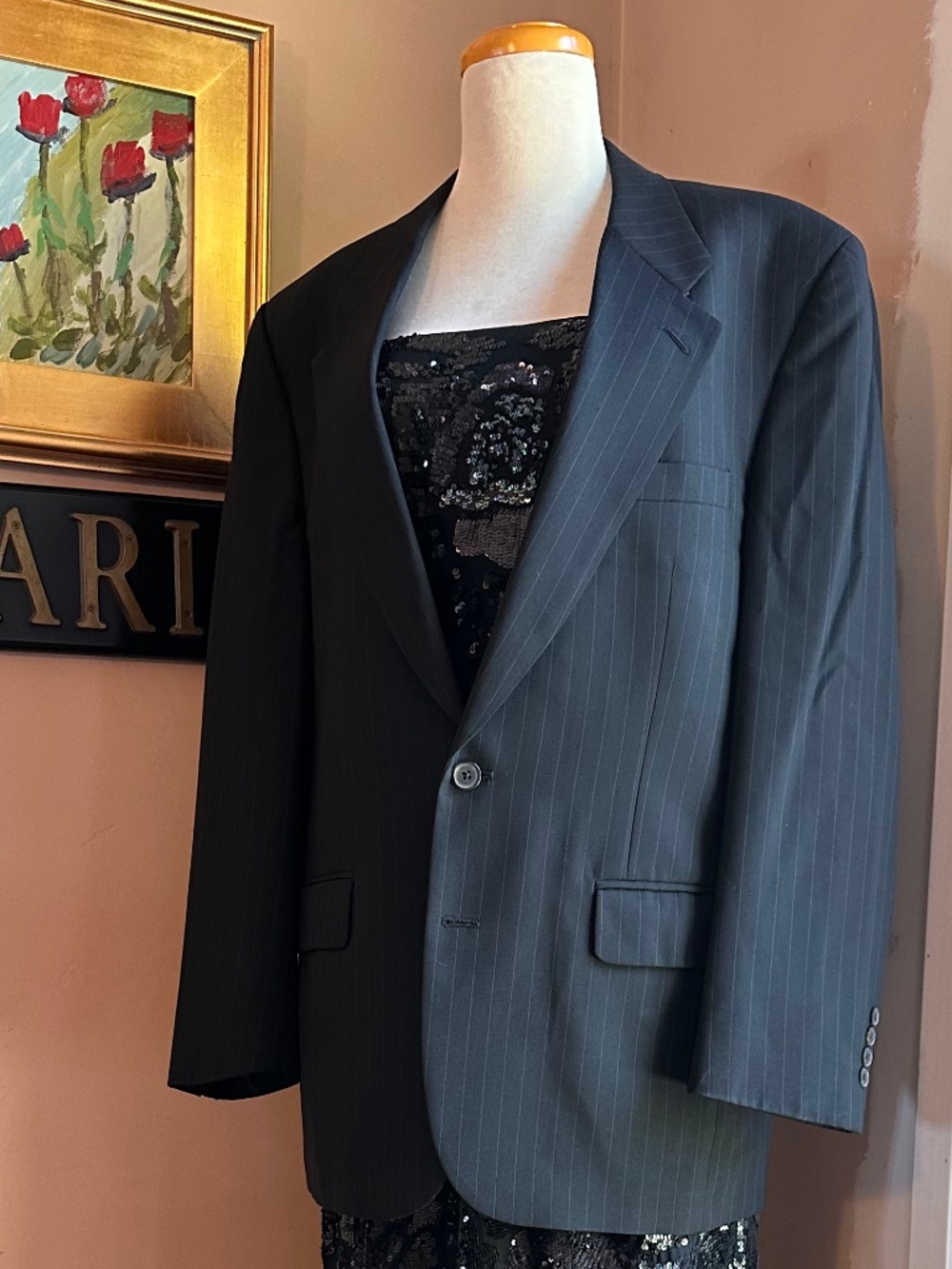 VTG Burberry Black Wool Pinstripe Blazer